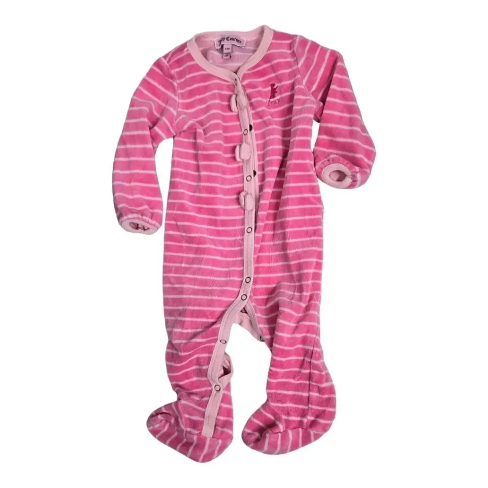 Juicy Couture Baby 6-9m Sleep & Play Pink Stripe Velour One-Piece Pajama Footie